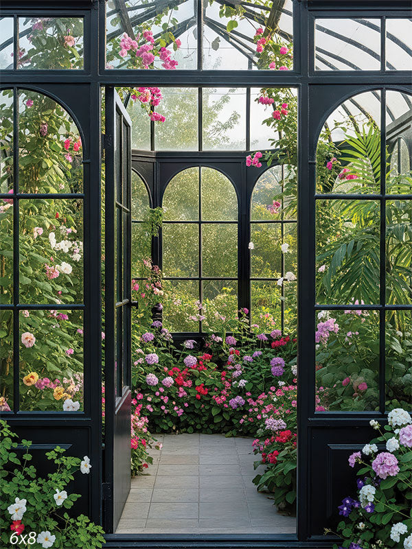 A romantic floral conservatory with arched glass windows, vivid blooms, and soft natural light pouring in through the roof.
