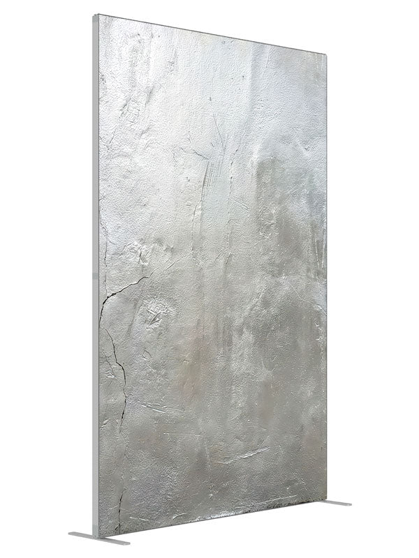 Silver Textured Plaster Wall shown at an angled view, photography backdrop panel for Denny StudioEdge silicone edge frame, 5 ft