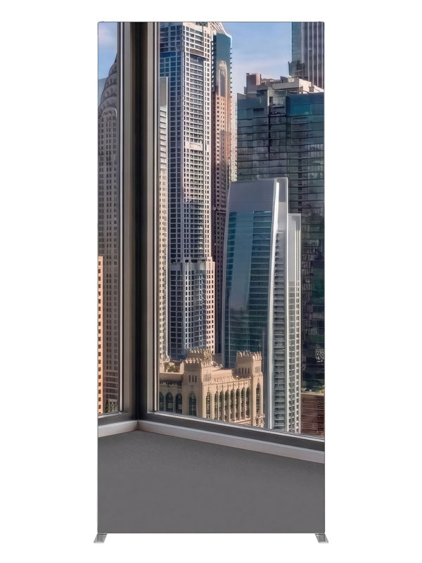 An empty modern room corner with windows over a sunlit daytime skyscraper skyline, 3ft photography backdrop panel for Denny StudioEdge silicone edge frame