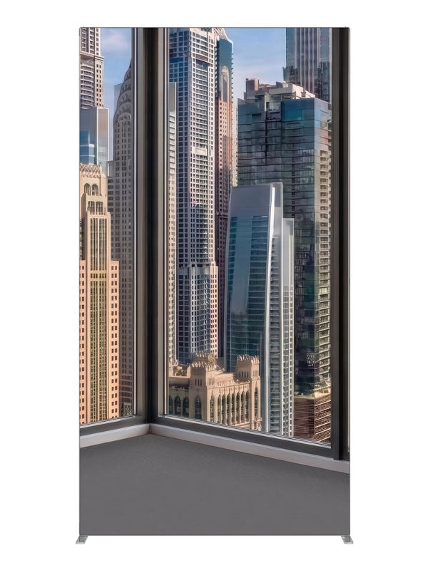 An empty modern room corner with windows over a sunlit daytime skyscraper skyline, 4ft photography backdrop panel for Denny StudioEdge silicone edge frame