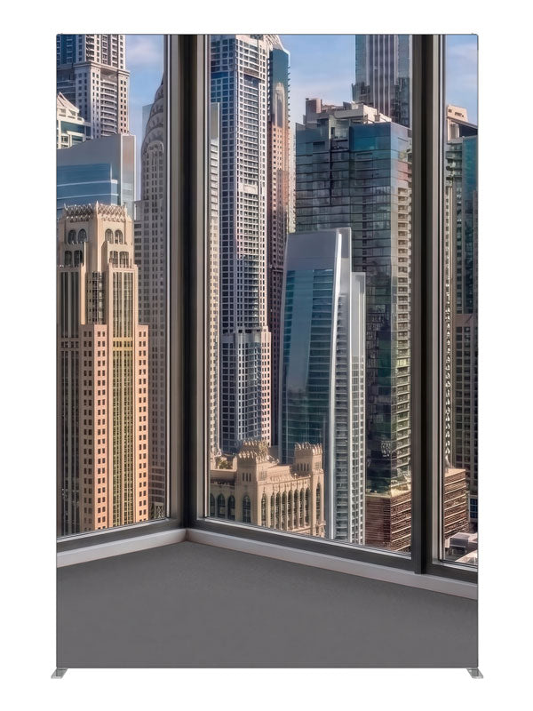 An empty modern room corner with windows over a sunlit daytime skyscraper skyline, 5ft photography backdrop panel for Denny StudioEdge silicone edge frame