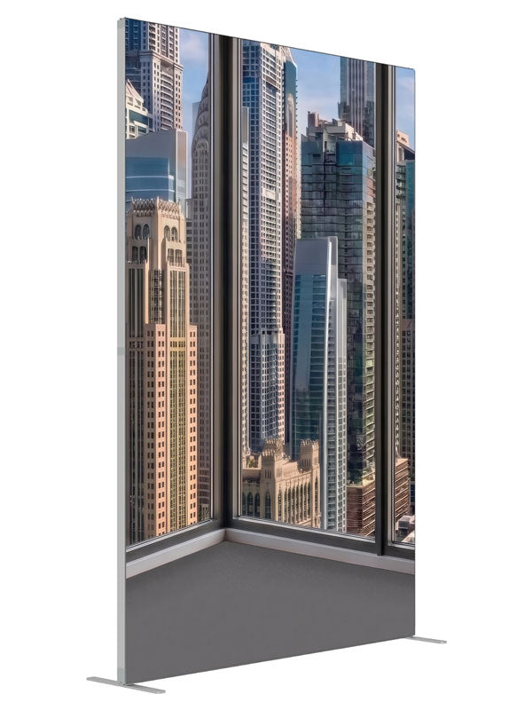 An empty modern room corner with windows over a sunlit daytime skyscraper skyline, 5ft photography backdrop panel for Denny StudioEdge silicone edge frame, angled view
