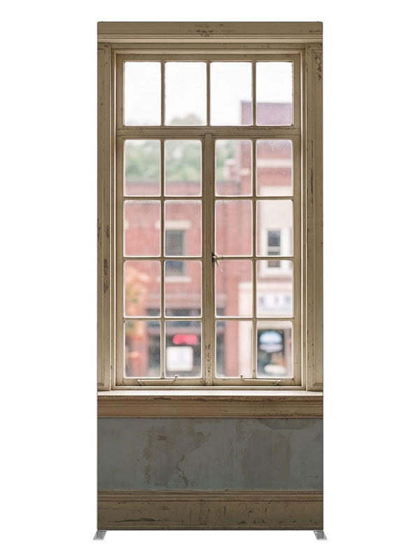 Weathered cream multi-pane windows overlooking a small-town brick main street, 3ft photography backdrop panel for Denny StudioEdge silicone edge frame