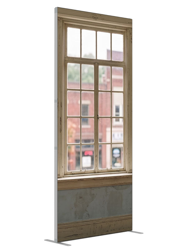 Weathered cream multi-pane windows overlooking a small-town brick main street, 3ft photography backdrop panel for Denny StudioEdge silicone edge frame