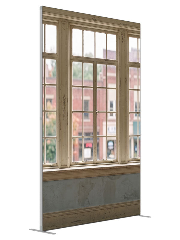 Weathered cream multi-pane windows overlooking a small-town brick main street, 5ft photography backdrop panel for Denny StudioEdge silicone edge frame