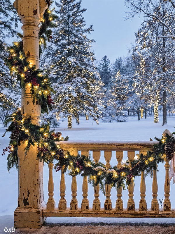 snow-covered Christmas porch garland photography backdrop CP-8878
