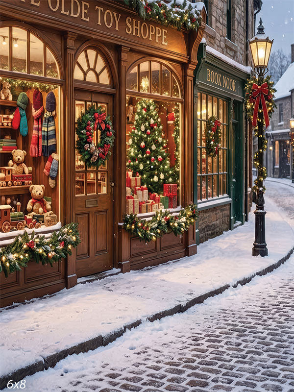 snowy Christmas village toy shop photography backdrop CP-8890