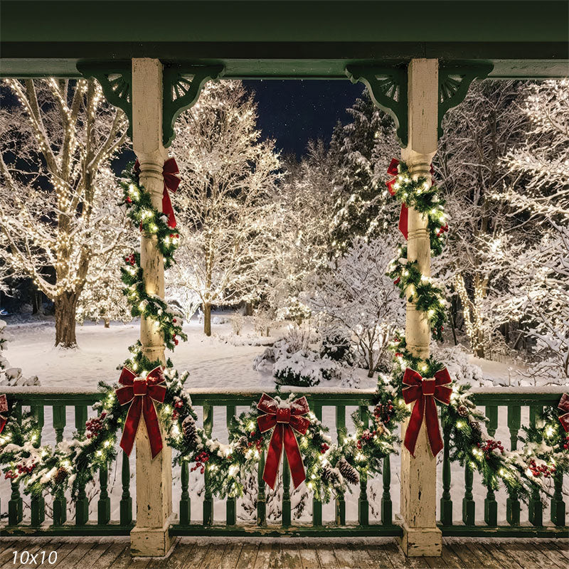 snowy night Christmas porch studio background with red bows CP-8879