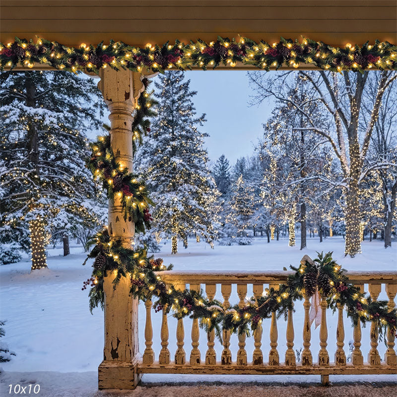 snowy porch holiday studio background with lit garland CP-8878