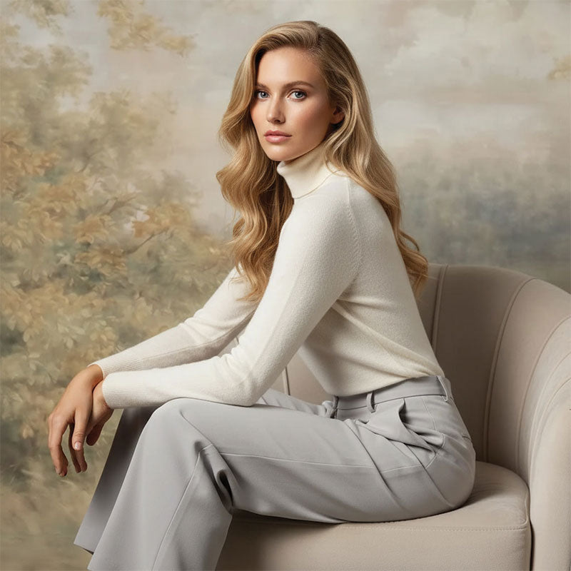 Blonde woman in a cream turtleneck and gray trousers sits with hands resting on her lap in front of a soft beige botanical art backdrop with subtle foliage patterns.