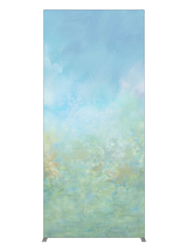 A soft watercolor wash moving from blue sky into a pale green meadow, 3ft photography backdrop panel for Denny StudioEdge silicone edge frame