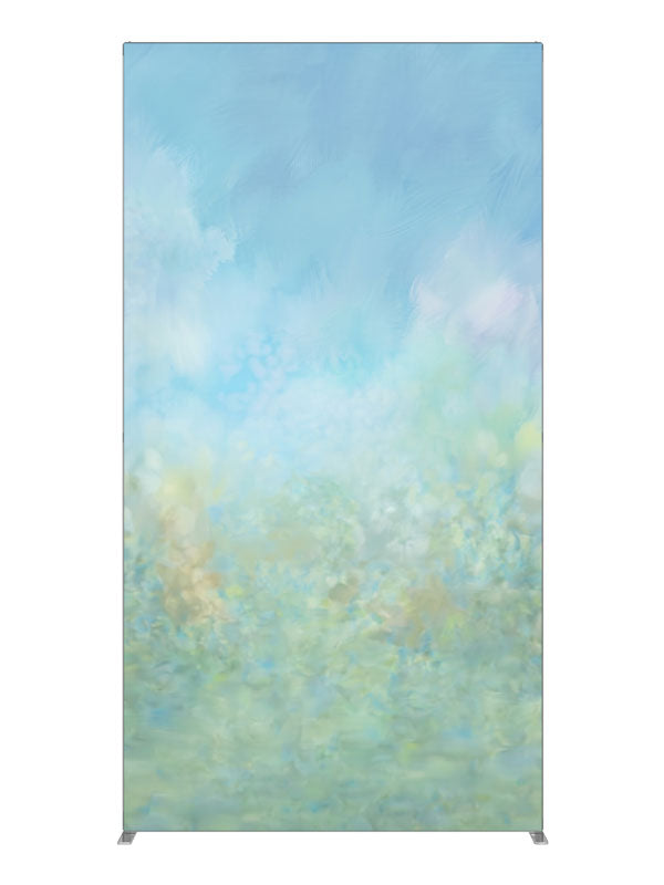 A soft watercolor wash moving from blue sky into a pale green meadow, 4ft photography backdrop panel for Denny StudioEdge silicone edge frame