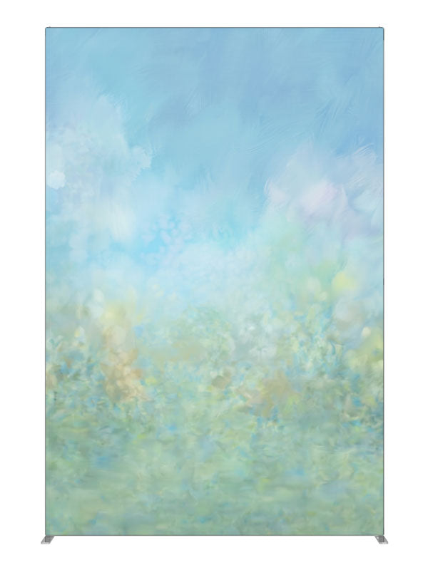 A soft watercolor wash moving from blue sky into a pale green meadow, 5ft photography backdrop panel for Denny StudioEdge silicone edge frame