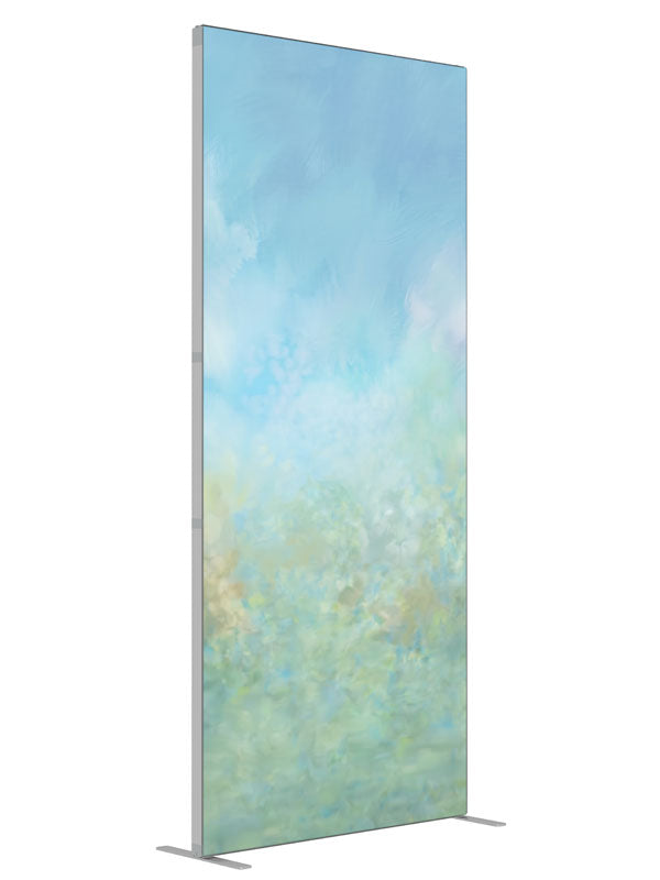 A soft watercolor wash moving from blue sky into a pale green meadow, 3ft photography backdrop panel for Denny StudioEdge silicone edge frame