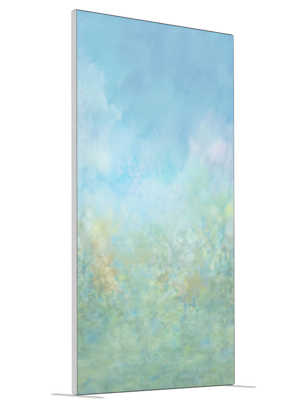 A soft watercolor wash moving from blue sky into a pale green meadow, 4ft photography backdrop panel for Denny StudioEdge silicone edge frame