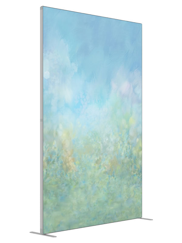 A soft watercolor wash moving from blue sky into a pale green meadow, 5ft photography backdrop panel for Denny StudioEdge silicone edge frame