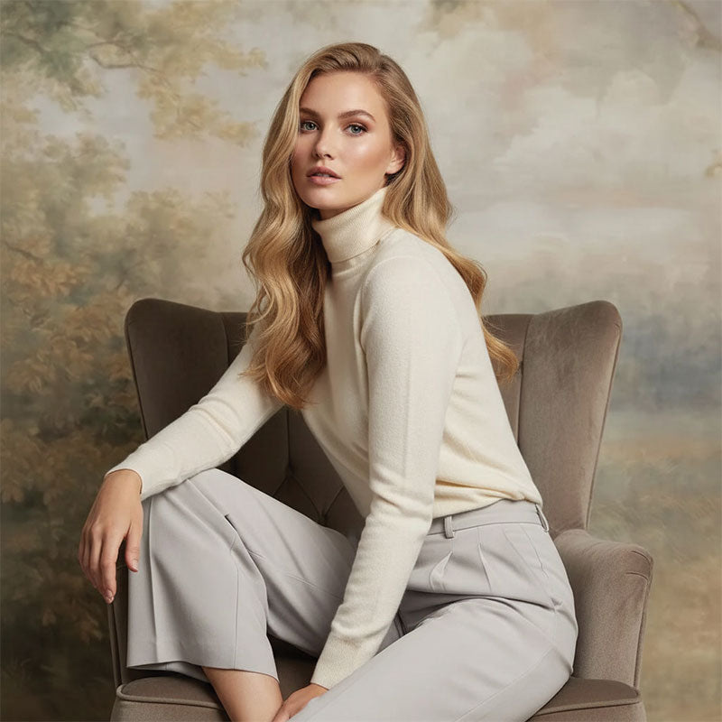 Blonde woman in a cream turtleneck and gray pants sits elegantly on a chair with a soft gaze against a soft classic beige landscape backdrop with subtle painted scenery.