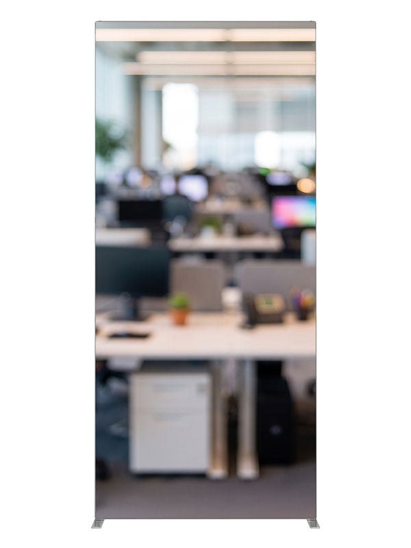 A softly blurred open-plan office with white desks, black mesh chairs, and bright daylight, 3ft photography backdrop panel for Denny StudioEdge silicone edge frame