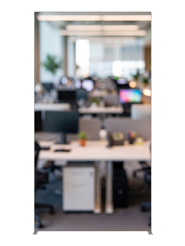 A softly blurred open-plan office with white desks, black mesh chairs, and bright daylight, 4ft photography backdrop panel for Denny StudioEdge silicone edge frame