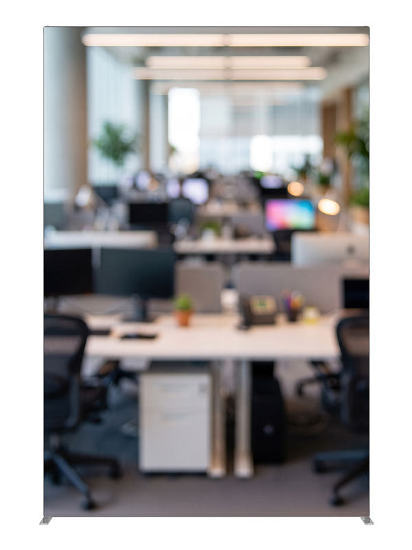 A softly blurred open-plan office with white desks, black mesh chairs, and bright daylight, 5ft photography backdrop panel for Denny StudioEdge silicone edge frame