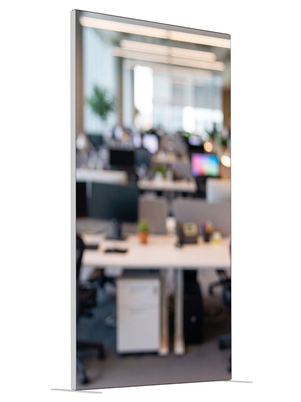 A softly blurred open-plan office with white desks, black mesh chairs, and bright daylight, 4ft photography backdrop panel for Denny StudioEdge silicone edge frame