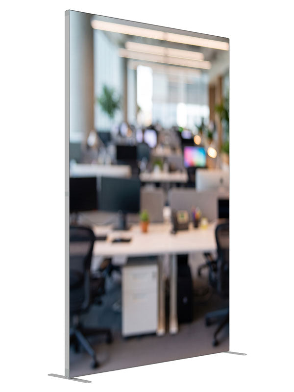 A softly blurred open-plan office with white desks, black mesh chairs, and bright daylight, 5ft photography backdrop panel for Denny StudioEdge silicone edge frame