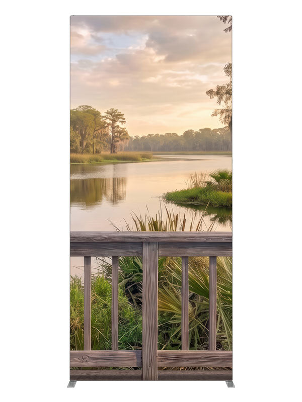 Weathered railing over a southern bayou with moss-draped cypress at peach sunset, 3ft photography backdrop panel for Denny StudioEdge silicone edge frame