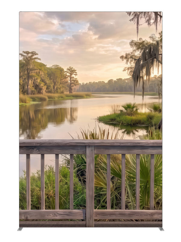 Weathered railing over a southern bayou with moss-draped cypress at peach sunset, 5ft photography backdrop panel for Denny StudioEdge silicone edge frame
