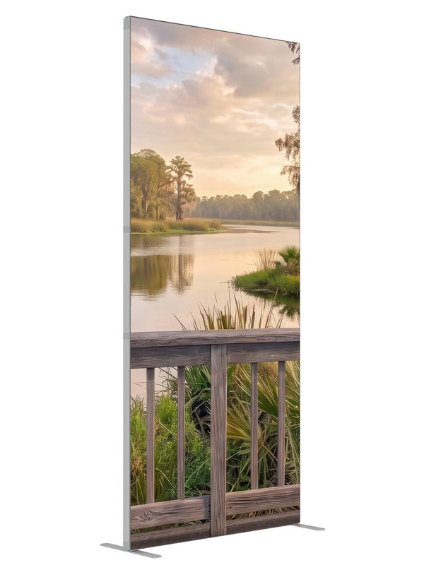 Weathered railing over a southern bayou with moss-draped cypress at peach sunset, 3ft photography backdrop panel for Denny StudioEdge silicone edge frame, angled view