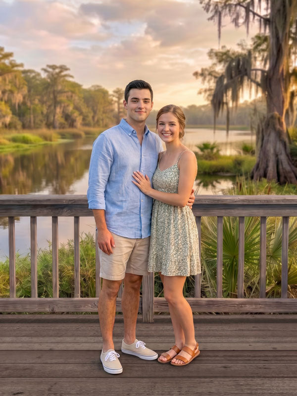 Southern bayou cypress sunset photography backdrop shown in a studio portrait with a young couple standing together at the boardwalk railing CP-9041