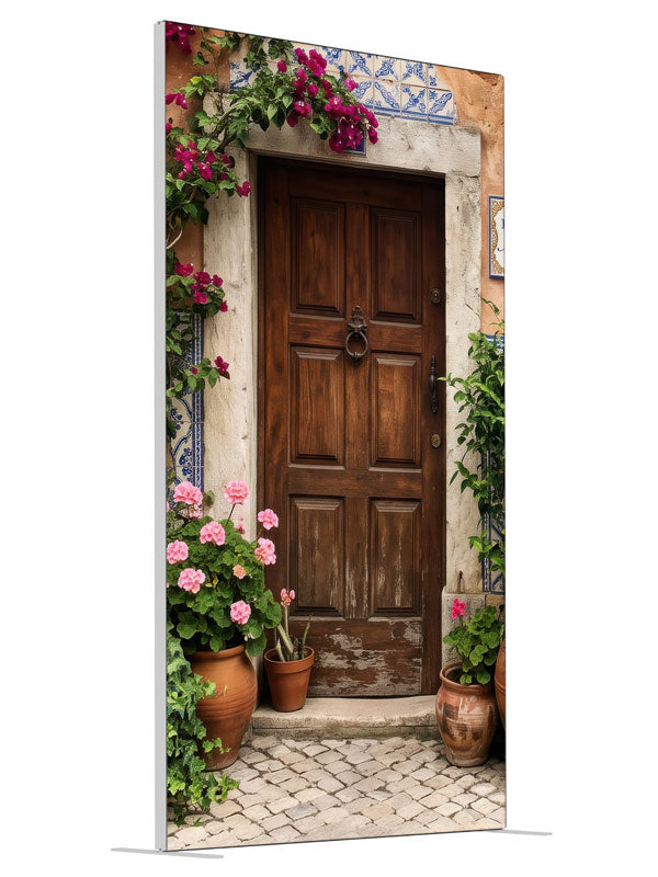 A carved wood door in a peach-terracotta Spanish facade with bougainvillea and potted geraniums, 4ft photography backdrop panel for Denny StudioEdge silicone edge frame, angled view