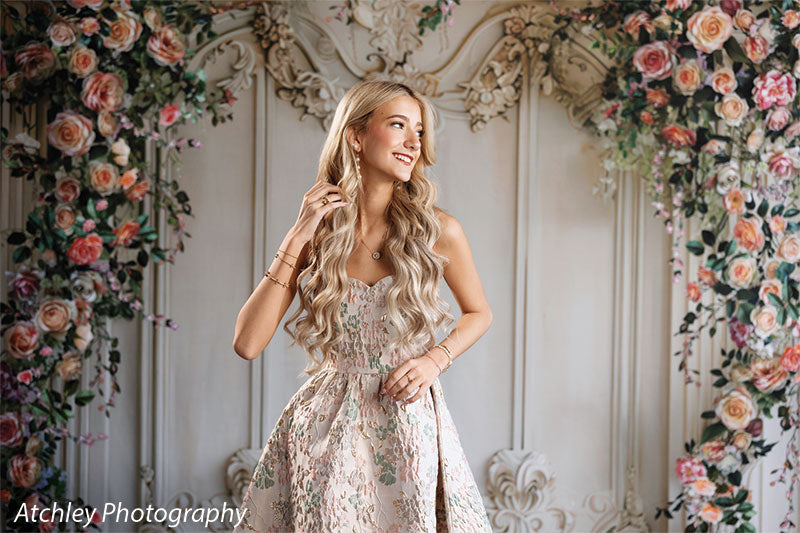 Elegant Spring Chateau floral ornate wall photography backdrop shown with a senior girl smiling beside the spring floral arch, wide view CP-8682