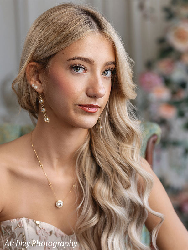 Elegant Spring Chateau floral ornate wall photography backdrop shown with a close portrait of a senior girl with a pearl necklace CP-8682