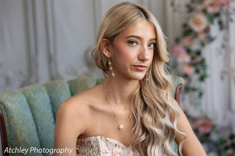 Elegant Spring Chateau floral ornate wall photography backdrop shown with a senior girl seated on a teal settee, wide view CP-8682