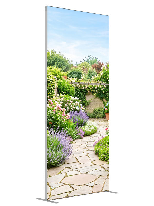 A flagstone path through a dense spring garden of hydrangeas, lavender and roses with a stone wall and pergola, 3ft photography backdrop panel for Denny StudioEdge silicone edge frame, angled view