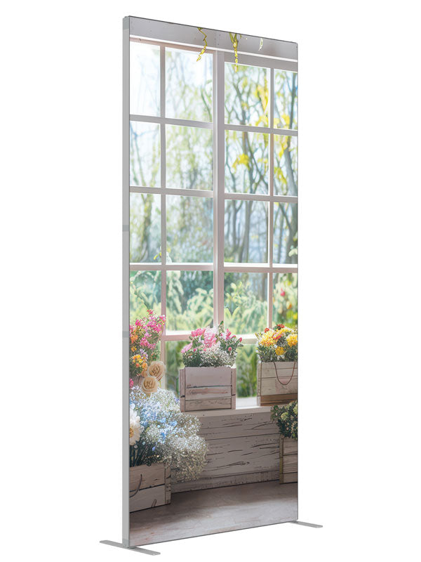 Spring Flower Shop Window shown at an angled view, photography backdrop panel for Denny StudioEdge silicone edge frame, 3 ft