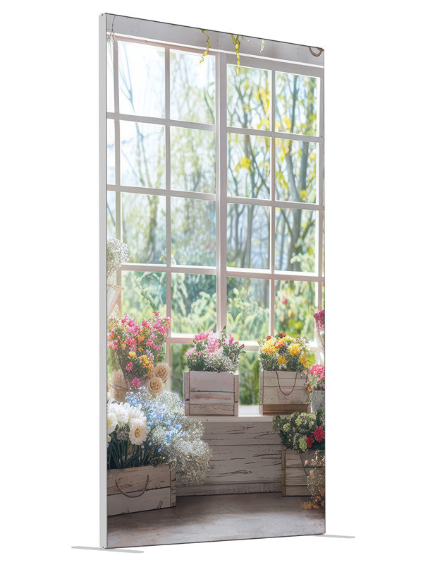 Spring Flower Shop Window shown at an angled view, photography backdrop panel for Denny StudioEdge silicone edge frame, 4 ft