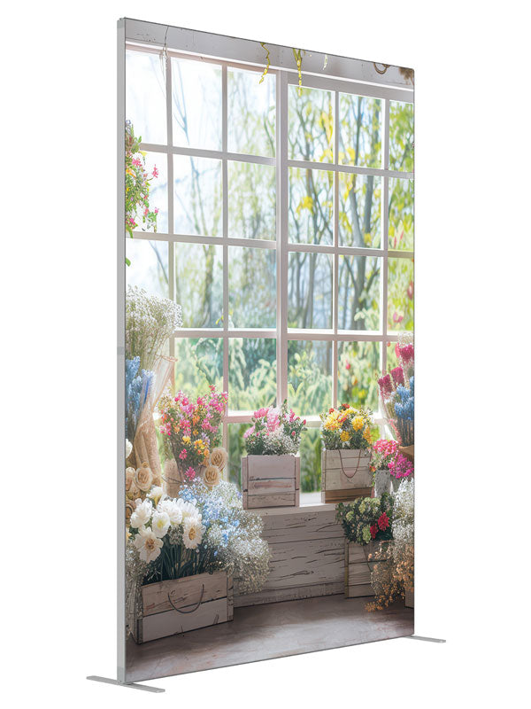 Spring Flower Shop Window shown at an angled view, photography backdrop panel for Denny StudioEdge silicone edge frame, 5 ft