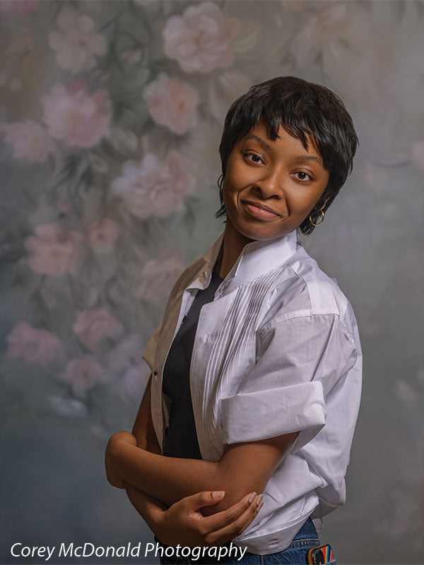 Spring Garden Rose Canopy, photography backdrop panel for Denny StudioEdge silicone edge frame, shown with a senior girl with arms folded in a white shirt SECP-8769