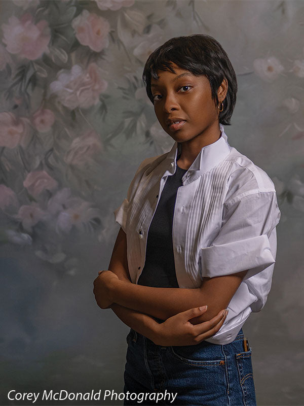 Spring Garden Rose Canopy, photography backdrop panel for Denny StudioEdge silicone edge frame, shown with a senior girl in a white shirt with arms folded in a close portrait SECP-8769