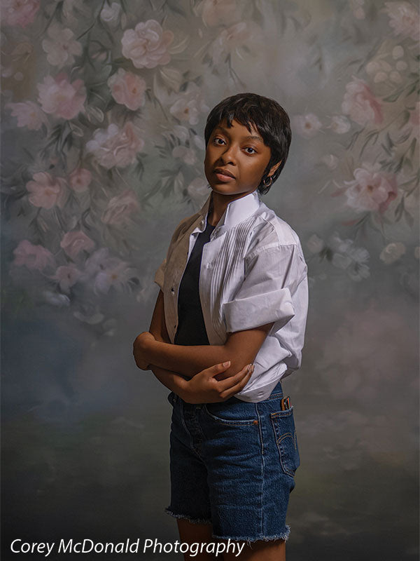 Spring Garden Rose Canopy, photography backdrop panel for Denny StudioEdge silicone edge frame, shown with a senior girl standing with arms folded looking to the side SECP-8769