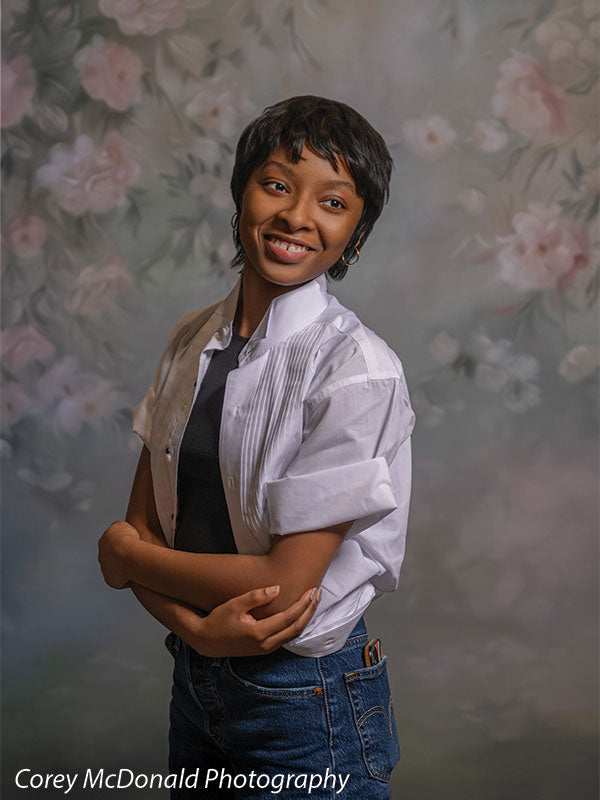 Spring Garden Rose Canopy, photography backdrop panel for Denny StudioEdge silicone edge frame, shown with a senior girl smiling with arms folded SECP-8769