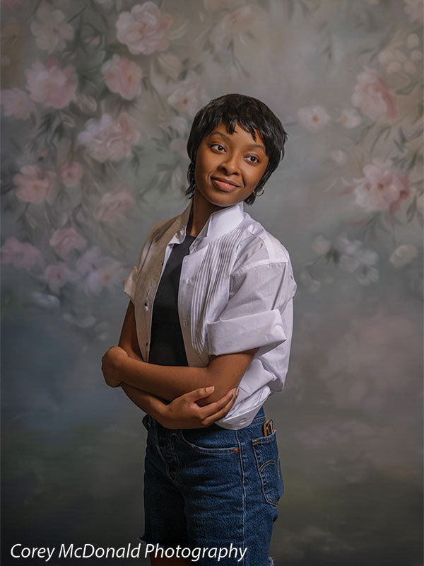 Spring Garden Rose Canopy, photography backdrop panel for Denny StudioEdge silicone edge frame, shown with a senior girl standing with arms folded in a white shirt and denim shorts SECP-8769