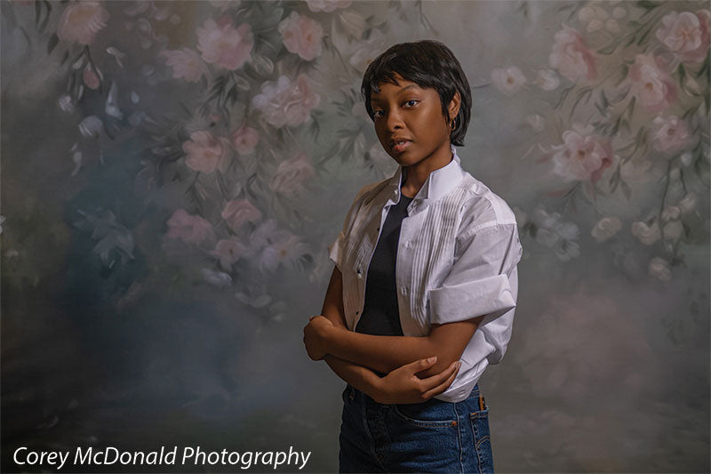 Spring Garden Rose Canopy, photography backdrop panel for Denny StudioEdge silicone edge frame, shown with a senior girl standing with arms folded SECP-8769