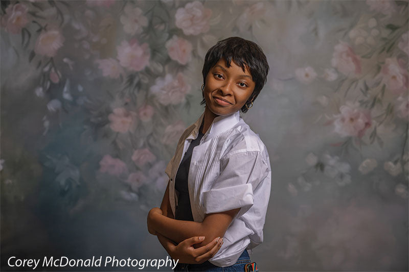 Spring Garden Rose Canopy, photography backdrop panel for Denny StudioEdge silicone edge frame, shown with a senior girl in a white shirt with arms folded SECP-8769