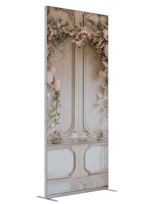 Spring Manor Floral shown at an angled view, photography backdrop panel for Denny StudioEdge silicone edge frame, 3 ft