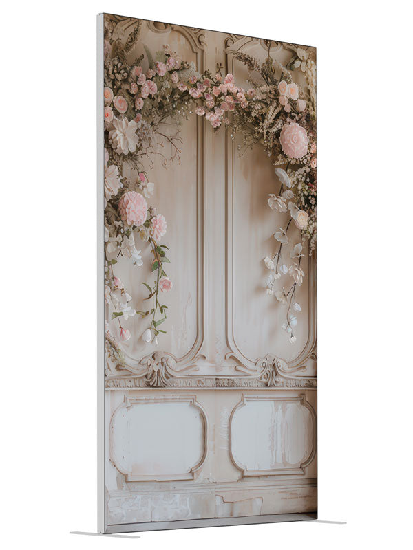 Spring Manor Floral shown at an angled view, photography backdrop panel for Denny StudioEdge silicone edge frame, 4 ft