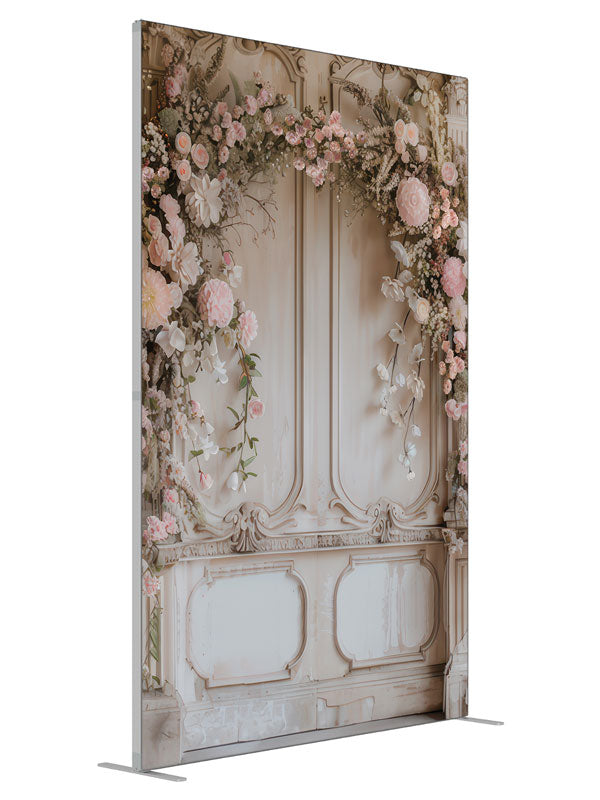 Spring Manor Floral shown at an angled view, photography backdrop panel for Denny StudioEdge silicone edge frame, 5 ft