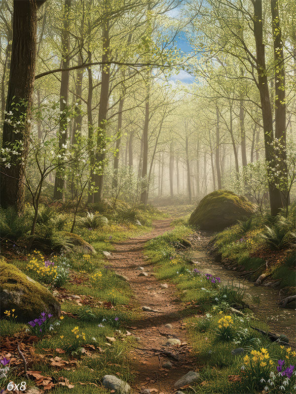 A peaceful spring forest scene with a winding dirt path, soft morning mist, fresh green leaves, and scattered wildflowers creating a gentle, storybook atmosphere.