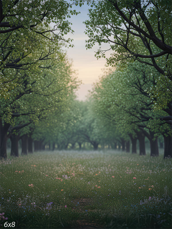 Tranquil spring woodland path framed by arching green trees over a soft meadow filled with tiny wildflowers under a pastel dawn sky.